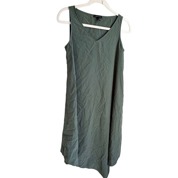 Eileen Fisher V Neck Asymmetrical Sandwashed Tencel Shift Dress Nori Green XXS - Picture 2 of 5